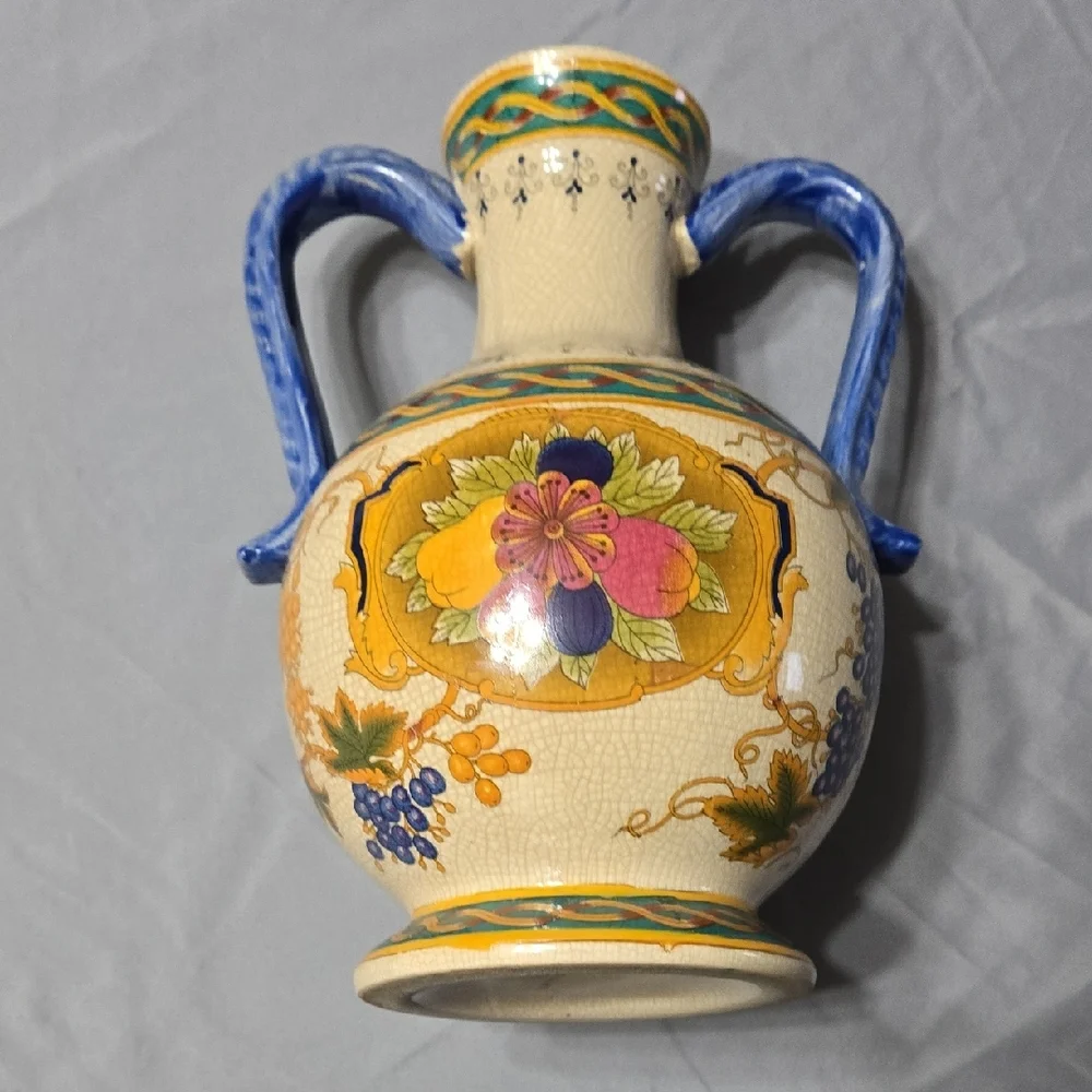 Artisan Ceramic Vase with Blue and Yellow Floral Design